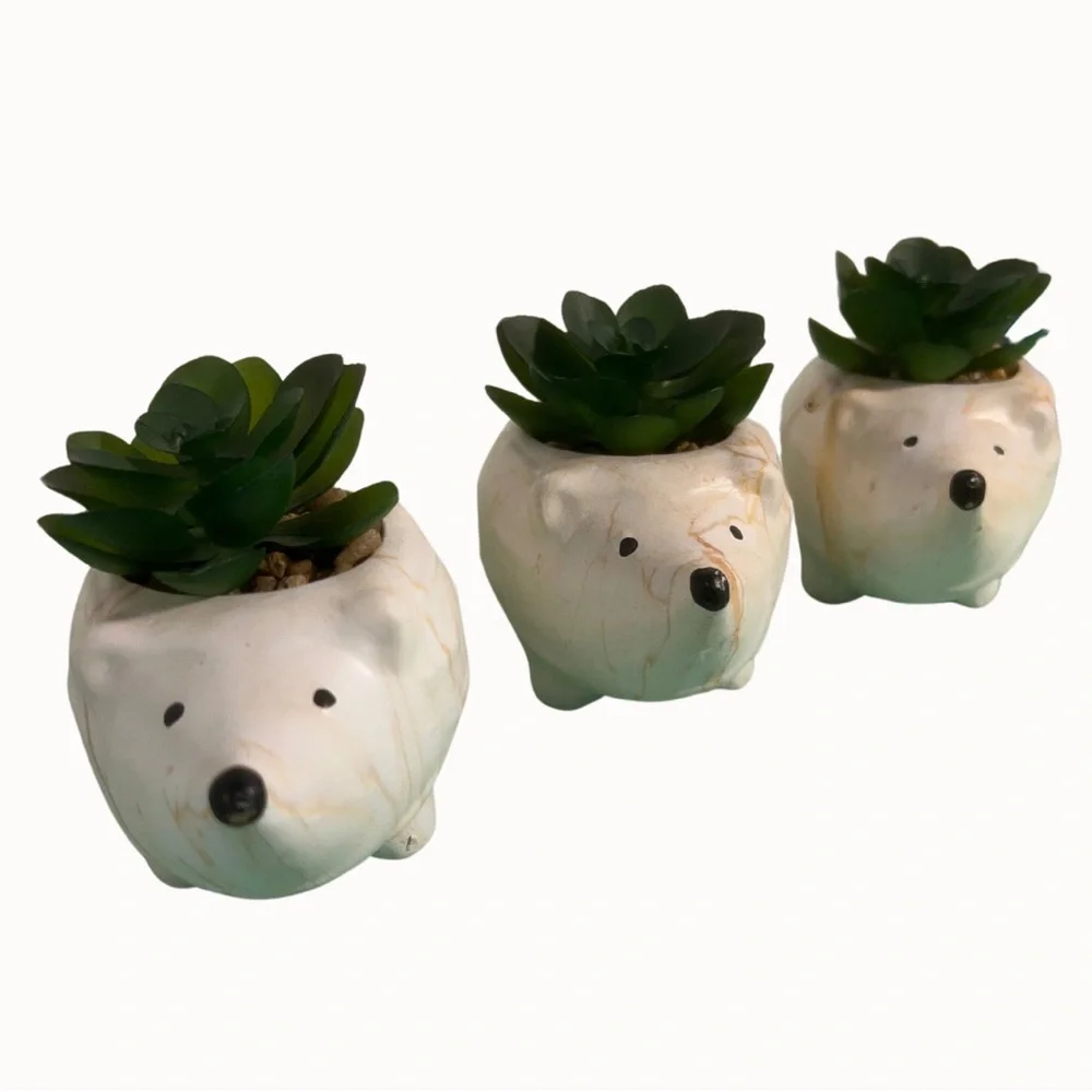 Set of Three Clay Hedgehogs with Faux Succulent